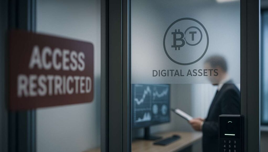 legal-crypto-trading-russia Photo-realistic illustration of a secure financial office in Moscow with a frosted-glass door marked by a digital asset icon and a biometric scanner, symbolizing restricted access to crypto trading in Russia.