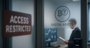 Photo-realistic illustration of a secure financial office in Moscow with a frosted-glass door marked by a digital asset icon and a biometric scanner, symbolizing restricted access to crypto trading in Russia.