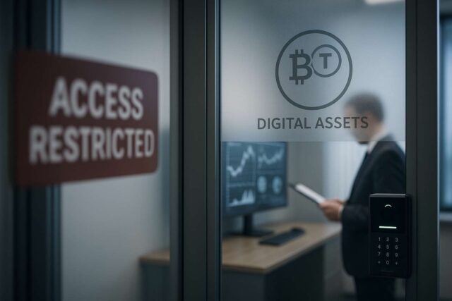 Photo-realistic illustration of a secure financial office in Moscow with a frosted-glass door marked by a digital asset icon and a biometric scanner, symbolizing restricted access to crypto trading in Russia.