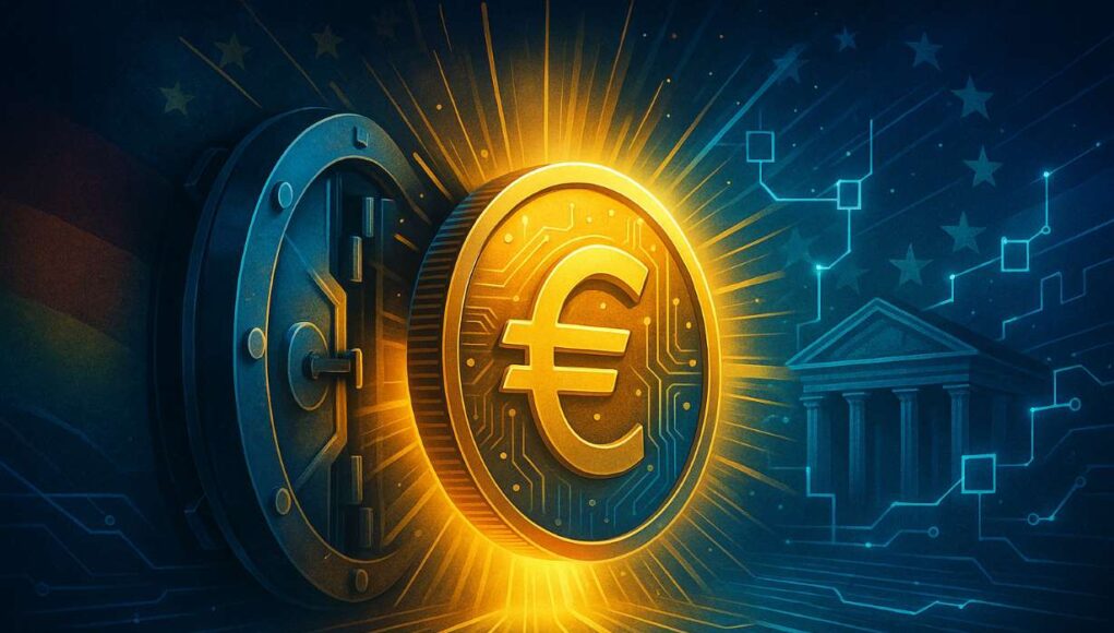 AllUnity-stablecoin Glowing euro coin emerging from a high-tech vault, symbolizing BaFin-approved MiCA-compliant stablecoin by AllUnity, backed by Deutsche Bank.