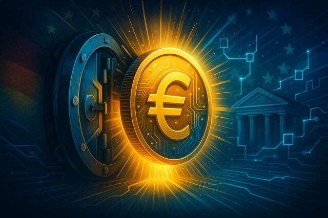 Glowing euro coin emerging from a high-tech vault, symbolizing BaFin-approved MiCA-compliant stablecoin by AllUnity, backed by Deutsche Bank.