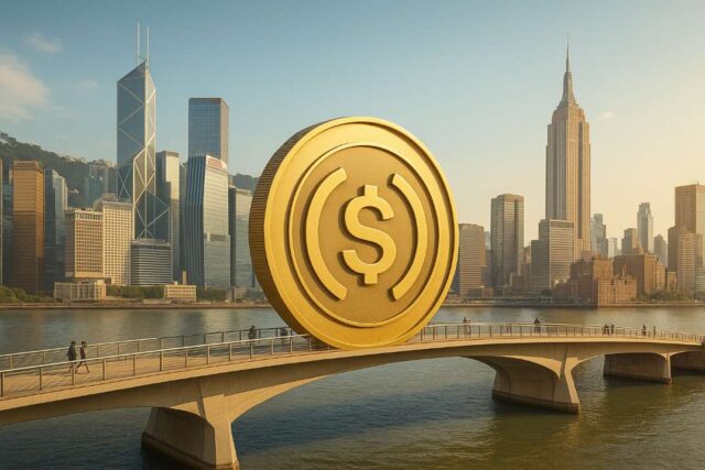 A photo-realistic bridge linking Hong Kong and New York, with a large USDC coin at the center, symbolizing the Ant Group USDC partnership and cross-border integration.