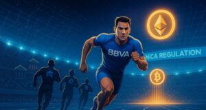 BBVA leads a futuristic crypto race on a digital track, sprinting ahead of trailing competitors toward glowing Bitcoin and Ethereum symbols under a MiCA regulation banner in a blockchain-lit stadium.