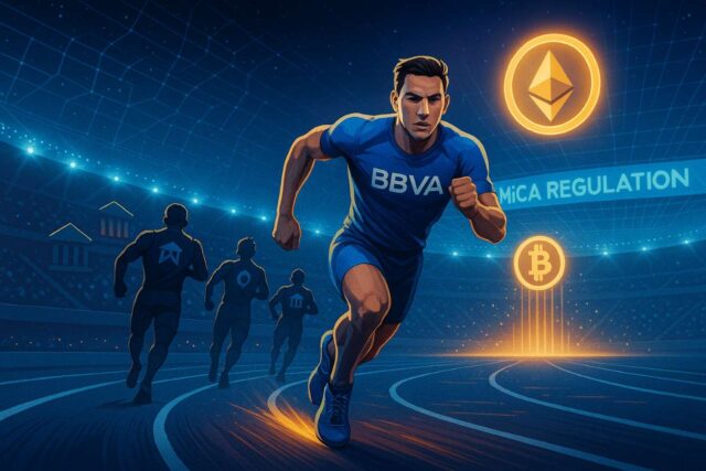 BBVA leads a futuristic crypto race on a digital track, sprinting ahead of trailing competitors toward glowing Bitcoin and Ethereum symbols under a MiCA regulation banner in a blockchain-lit stadium.