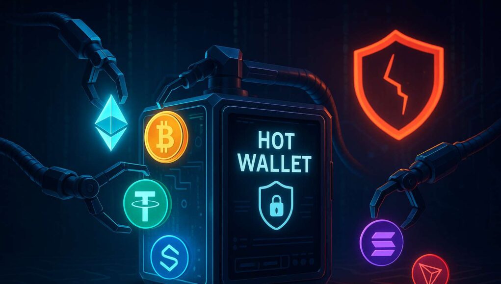 BigONE-hack Digital illustration of a hot wallet under cyber attack, featuring robotic arms extracting cryptocurrency symbols including Bitcoin, Ethereum, Tether, Solana, and Tron, with a cracked red security shield icon signaling a breach in a futuristic, high-tech environment.