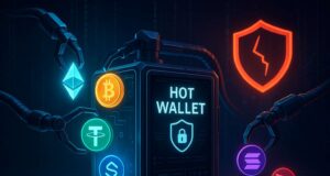 Digital illustration of a hot wallet under cyber attack, featuring robotic arms extracting cryptocurrency symbols including Bitcoin, Ethereum, Tether, Solana, and Tron, with a cracked red security shield icon signaling a breach in a futuristic, high-tech environment.