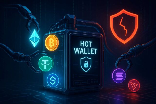 Digital illustration of a hot wallet under cyber attack, featuring robotic arms extracting cryptocurrency symbols including Bitcoin, Ethereum, Tether, Solana, and Tron, with a cracked red security shield icon signaling a breach in a futuristic, high-tech environment.