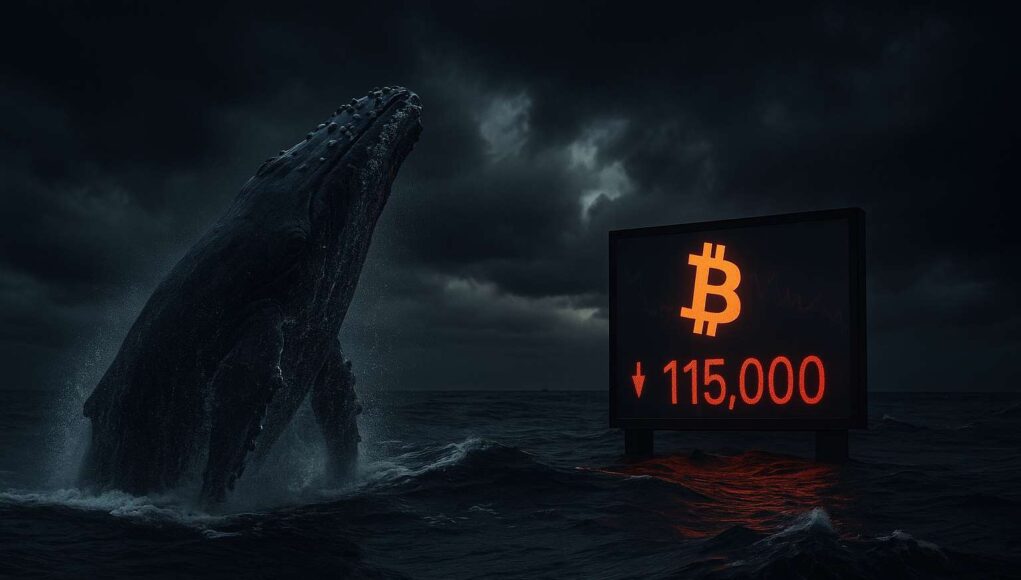 Bitcoin-whale-sell-off Photo-realistic image of a large whale breaching in a stormy ocean beside a digital Bitcoin price display showing $115,000, symbolizing a crypto whale sell-off.