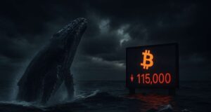 Photo-realistic image of a large whale breaching in a stormy ocean beside a digital Bitcoin price display showing $115,000, symbolizing a crypto whale sell-off.