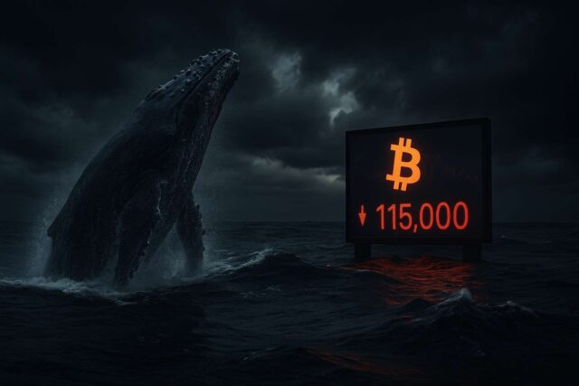 Photo-realistic image of a large whale breaching in a stormy ocean beside a digital Bitcoin price display showing $115,000, symbolizing a crypto whale sell-off.