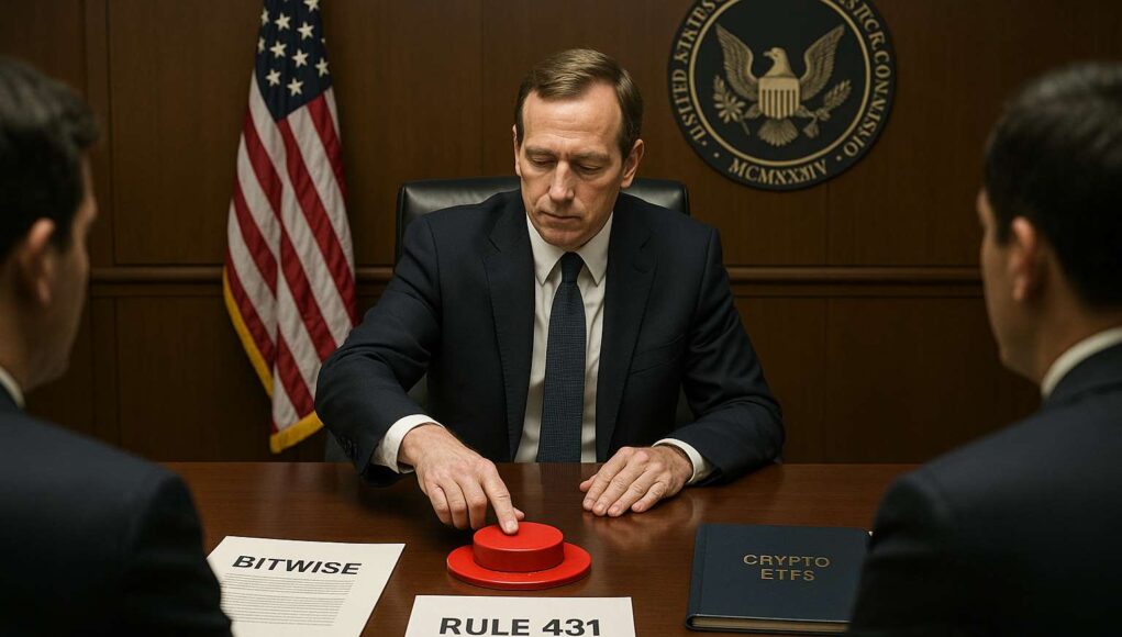 U.S. government official pressing a red pause button labeled “ETF Approval” during SEC meeting, with documents marked “Bitwise,” “Rule 431,” and “Crypto ETFs” on the table.