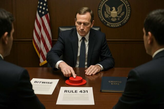 U.S. government official pressing a red pause button labeled “ETF Approval” during SEC meeting, with documents marked “Bitwise,” “Rule 431,” and “Crypto ETFs” on the table.