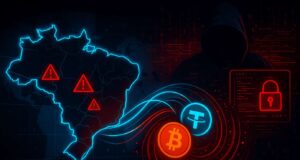 Illustration of a cyberattack on Brazil with Bitcoin and USDT symbols used for laundering, representing the Brazil Central Bank hack.