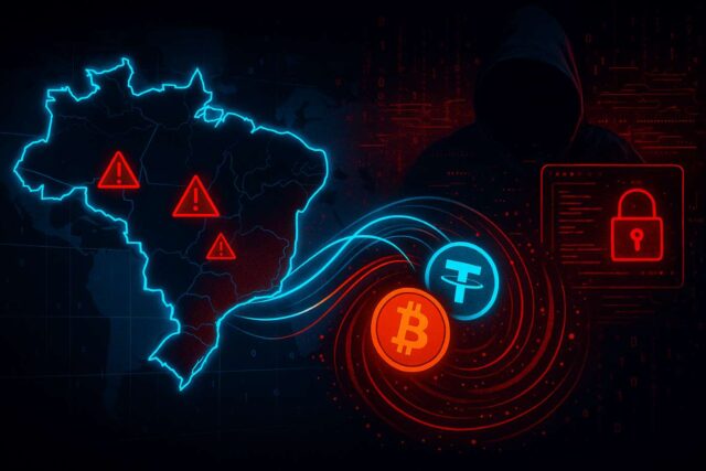 Illustration of a cyberattack on Brazil with Bitcoin and USDT symbols used for laundering, representing the Brazil Central Bank hack.
