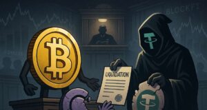 Illustration of the Celsius Tether lawsuit, showing a Bitcoin symbol on a courtroom witness stand as a hooded Tether figure presents a liquidation document. A crumbling Celsius logo reaches toward the Bitcoin, symbolizing the $4.7B dispute over BTC liquidation. Background includes ghosted charts and logos of failed crypto lenders like BlockFi, evoking the broader crypto bankruptcy context.