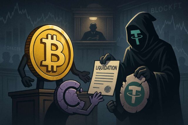 Illustration of the Celsius Tether lawsuit, showing a Bitcoin symbol on a courtroom witness stand as a hooded Tether figure presents a liquidation document. A crumbling Celsius logo reaches toward the Bitcoin, symbolizing the $4.7B dispute over BTC liquidation. Background includes ghosted charts and logos of failed crypto lenders like BlockFi, evoking the broader crypto bankruptcy context.