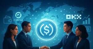 Circle OKX partnership visual showing executives shaking hands in front of a glowing USDC coin with a world map and financial icons, symbolizing zero-fee conversions and global stablecoin access.