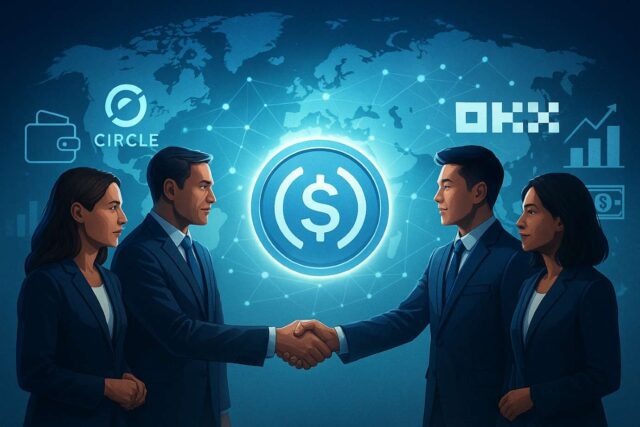 Circle OKX partnership visual showing executives shaking hands in front of a glowing USDC coin with a world map and financial icons, symbolizing zero-fee conversions and global stablecoin access.