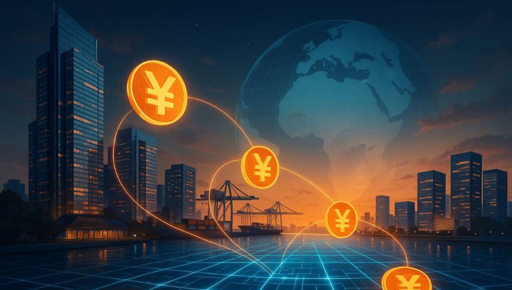 Conflux-Yuan-stablecoin Futuristic digital illustration of offshore Yuan stablecoin concept, showing glowing Yuan currency symbols connected by blockchain lines across a modern Asian city skyline and global trade port at sunset.