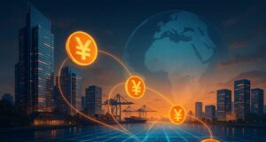 Futuristic digital illustration of offshore Yuan stablecoin concept, showing glowing Yuan currency symbols connected by blockchain lines across a modern Asian city skyline and global trade port at sunset.