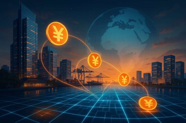 Futuristic digital illustration of offshore Yuan stablecoin concept, showing glowing Yuan currency symbols connected by blockchain lines across a modern Asian city skyline and global trade port at sunset.