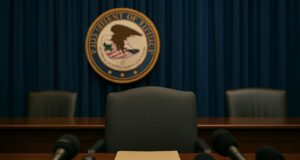 Empty government hearing room with microphones aimed at a vacant chair and a folder labeled "Dragonfly," with the Department of Justice seal blurred in the background, symbolizing media scrutiny during the Dragonfly DOJ investigation.