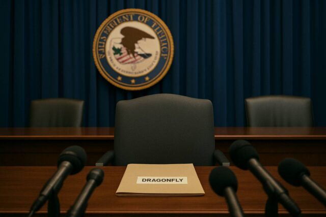 Empty government hearing room with microphones aimed at a vacant chair and a folder labeled "Dragonfly," with the Department of Justice seal blurred in the background, symbolizing media scrutiny during the Dragonfly DOJ investigation.
