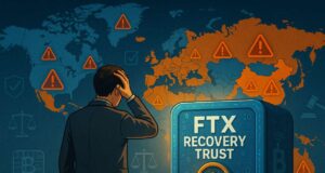 A concerned man stands before a glowing digital vault labeled “FTX Recovery Trust,” with a world map behind him highlighting 49 crypto-restricted jurisdictions like China and Russia in orange, marked by warning icons, symbolizing the $500M FTX creditor payout freeze.
