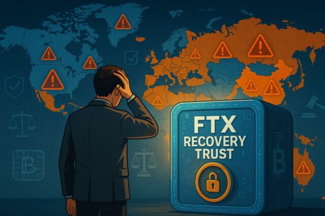 A concerned man stands before a glowing digital vault labeled “FTX Recovery Trust,” with a world map behind him highlighting 49 crypto-restricted jurisdictions like China and Russia in orange, marked by warning icons, symbolizing the $500M FTX creditor payout freeze.