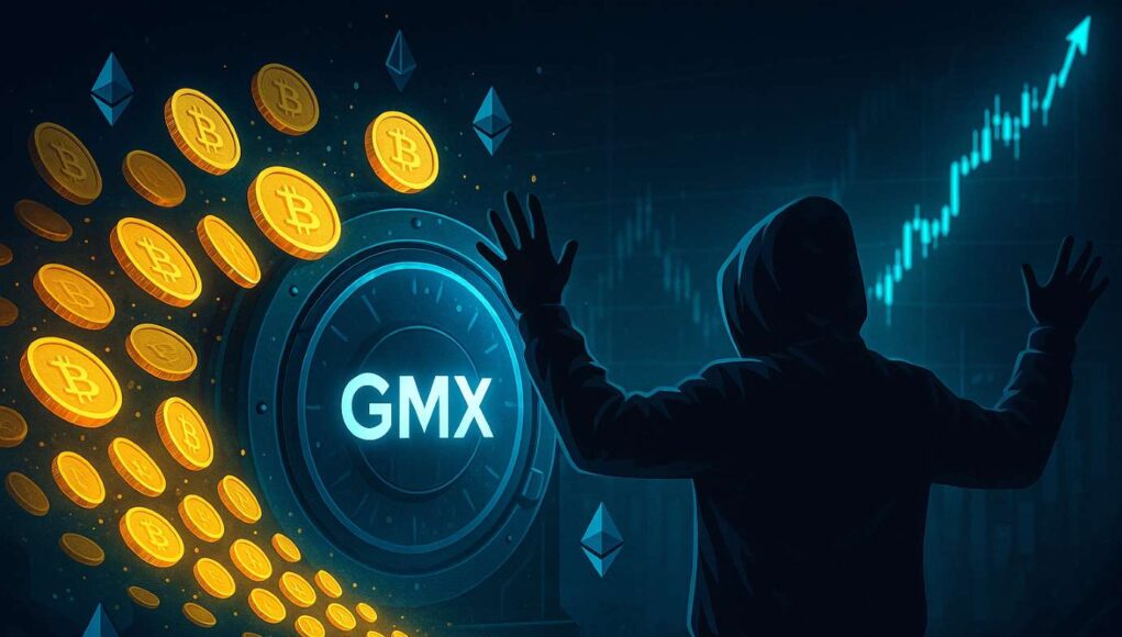 Illustration of a hacker returning stolen cryptocurrency to GMX, with glowing coins flowing into a digital vault and a bullish crypto price chart in the background — symbolizing a white-hat bounty deal and DeFi recovery.