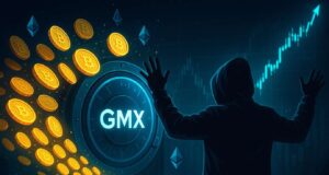 Illustration of a hacker returning stolen cryptocurrency to GMX, with glowing coins flowing into a digital vault and a bullish crypto price chart in the background — symbolizing a white-hat bounty deal and DeFi recovery.