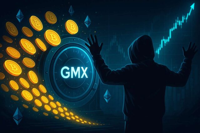 Illustration of a hacker returning stolen cryptocurrency to GMX, with glowing coins flowing into a digital vault and a bullish crypto price chart in the background — symbolizing a white-hat bounty deal and DeFi recovery.