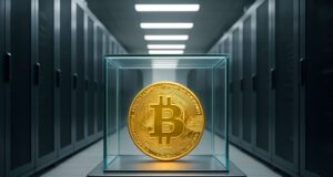 Photorealistic image of a gold Bitcoin encased in glass inside a modern server room, symbolizing secure institutional crypto custody and estate liquidation.