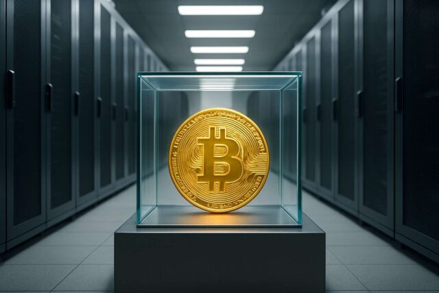Photorealistic image of a gold Bitcoin encased in glass inside a modern server room, symbolizing secure institutional crypto custody and estate liquidation.