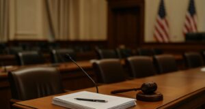 A photo-realistic image of a congressional hearing room with a polished wooden desk in the foreground, featuring a stack of legislative documents and a pen. Rows of empty chairs and blurred American flags are visible in the background, symbolizing U.S. legislative action on stablecoin regulation.