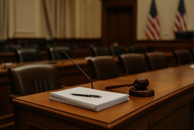 A photo-realistic image of a congressional hearing room with a polished wooden desk in the foreground, featuring a stack of legislative documents and a pen. Rows of empty chairs and blurred American flags are visible in the background, symbolizing U.S. legislative action on stablecoin regulation.