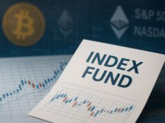 Close-up of an index fund investment document placed over financial charts, with faded Bitcoin and Ethereum symbols in the background alongside S&P 500 and Nasdaq references, illustrating indirect crypto exposure via index funds.