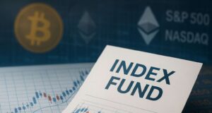 Close-up of an index fund investment document placed over financial charts, with faded Bitcoin and Ethereum symbols in the background alongside S&P 500 and Nasdaq references, illustrating indirect crypto exposure via index funds.