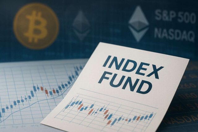 Close-up of an index fund investment document placed over financial charts, with faded Bitcoin and Ethereum symbols in the background alongside S&P 500 and Nasdaq references, illustrating indirect crypto exposure via index funds.