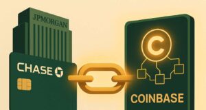 Illustration of JPMorgan Chase bank card linked to a Coinbase crypto wallet via a glowing digital chain, symbolizing the JPMorgan Coinbase partnership and direct bank-to-crypto integration, using green and gold tones.