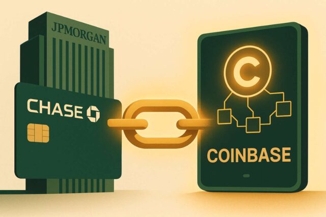 Illustration of JPMorgan Chase bank card linked to a Coinbase crypto wallet via a glowing digital chain, symbolizing the JPMorgan Coinbase partnership and direct bank-to-crypto integration, using green and gold tones.