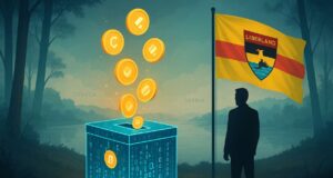 A photo-realistic illustration of Liberland’s July 3 blockchain election, featuring a glowing digital ballot box with cryptocurrency tokens rising from it, a man in silhouette standing beside a waving Liberland flag, and a misty Danube River marking the disputed border between Croatia and Serbia.