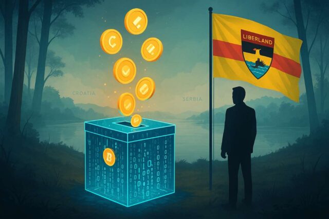 A photo-realistic illustration of Liberland’s July 3 blockchain election, featuring a glowing digital ballot box with cryptocurrency tokens rising from it, a man in silhouette standing beside a waving Liberland flag, and a misty Danube River marking the disputed border between Croatia and Serbia.