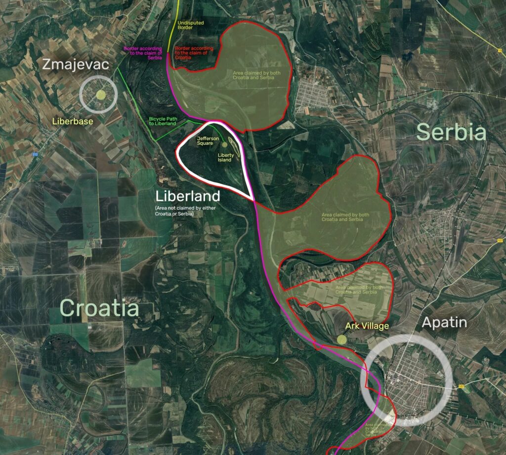A map of Liberland, The territory known as Gornja Siga (about 7 km²) is located on the western bank of the Danube River, between Croatia and Serbia. The two countries are disagreeing on the precise border since the breakup of Yugoslavia.
