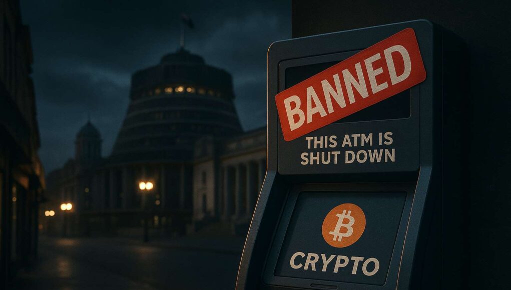 New-Zealand-Crypto-ATM-Ban A banned cryptocurrency ATM in front of New Zealand’s Beehive Parliament building at dusk, symbolizing the country’s 2025 crypto ATM shutdown and $5,000 transfer cap in an anti-money laundering crackdown.