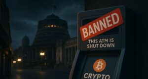 A banned cryptocurrency ATM in front of New Zealand’s Beehive Parliament building at dusk, symbolizing the country’s 2025 crypto ATM shutdown and $5,000 transfer cap in an anti-money laundering crackdown.