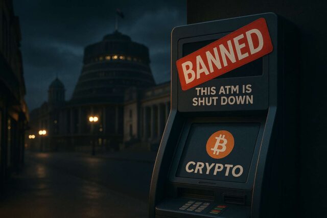 A banned cryptocurrency ATM in front of New Zealand’s Beehive Parliament building at dusk, symbolizing the country’s 2025 crypto ATM shutdown and $5,000 transfer cap in an anti-money laundering crackdown.