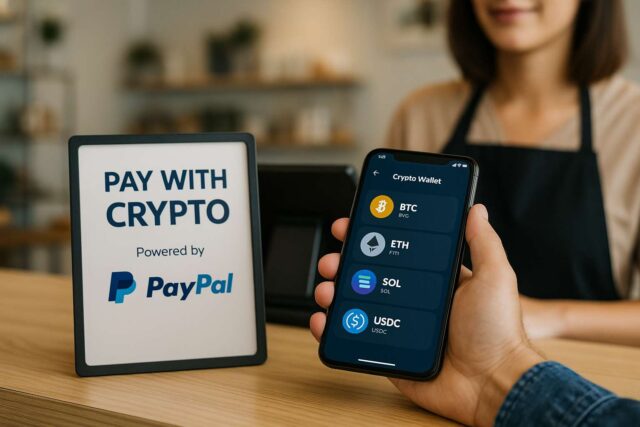 A customer uses a crypto wallet app to pay with Bitcoin, Ethereum, Solana, or USDC at a retail counter featuring a “Pay with Crypto – Powered by PayPal” sign.