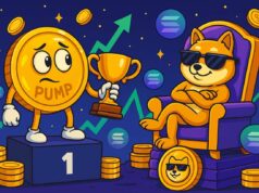 Cartoon-style illustration of the PUMP token character standing on a podium holding a trophy, looking nervously at the confident BONK Shiba Inu lounging on a throne made of Solana coins. The background features floating crypto coins and rising market charts, symbolizing the PUMP token launch success and ongoing meme coin rivalry.