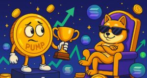 Cartoon-style illustration of the PUMP token character standing on a podium holding a trophy, looking nervously at the confident BONK Shiba Inu lounging on a throne made of Solana coins. The background features floating crypto coins and rising market charts, symbolizing the PUMP token launch success and ongoing meme coin rivalry.